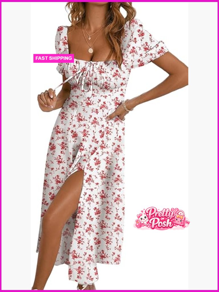 Polyester Elastane Square Neck Split Thigh Tie Front Midi Dress
